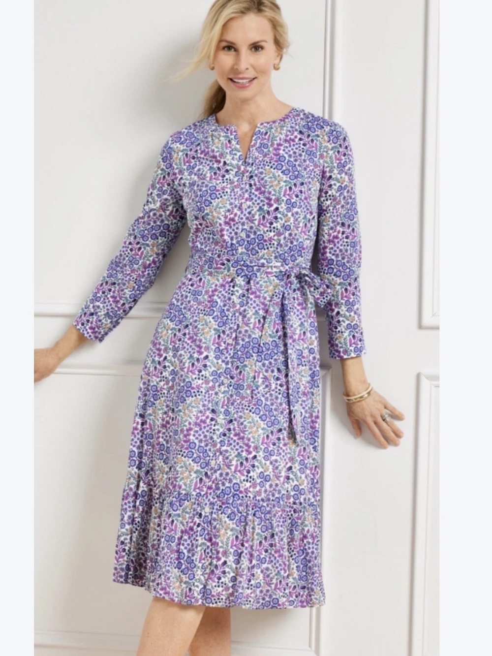 Talbots Floral 3/4 Sleeve MIDI Shirt Dress Lined 10P Petite